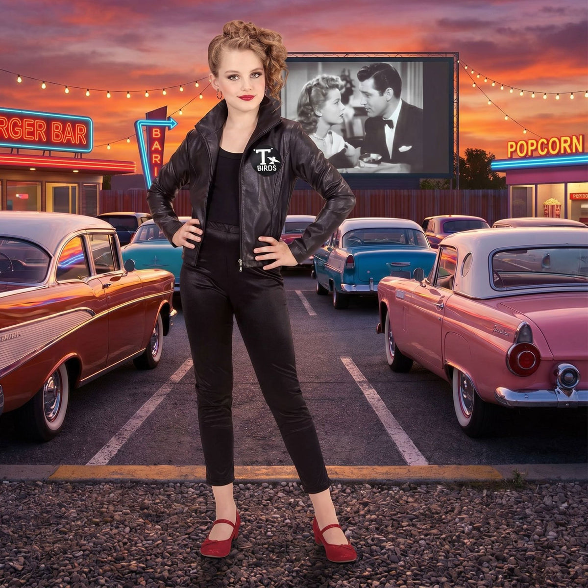 A woman stands in a retro 1950s diner parking lot wearing a black leather jacket with a white 'T Birds' logo, black pants, and red shoes, surrounded by vintage cars and a sunset sky.