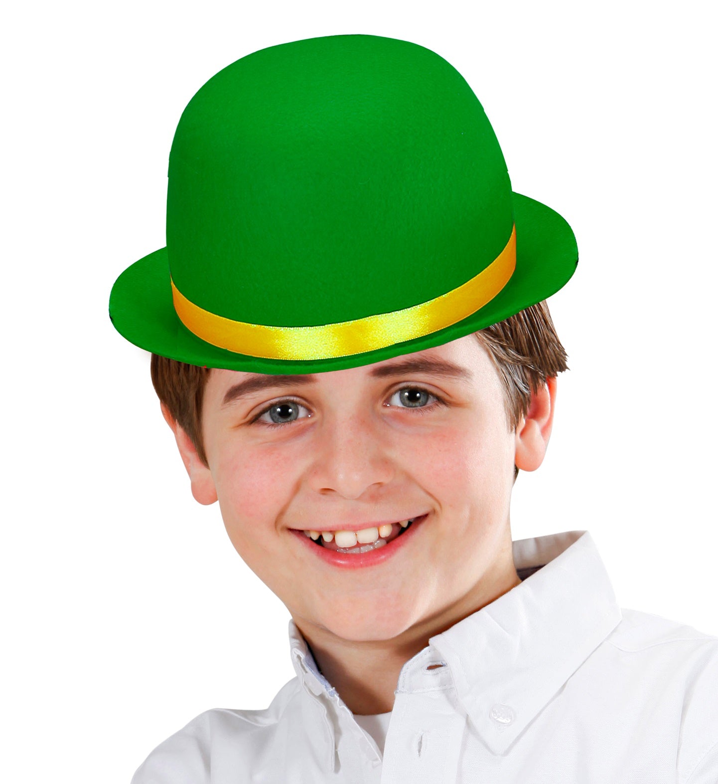 Happy child wearing a bright green felt bowler hat with a yellow satin ribbon band.