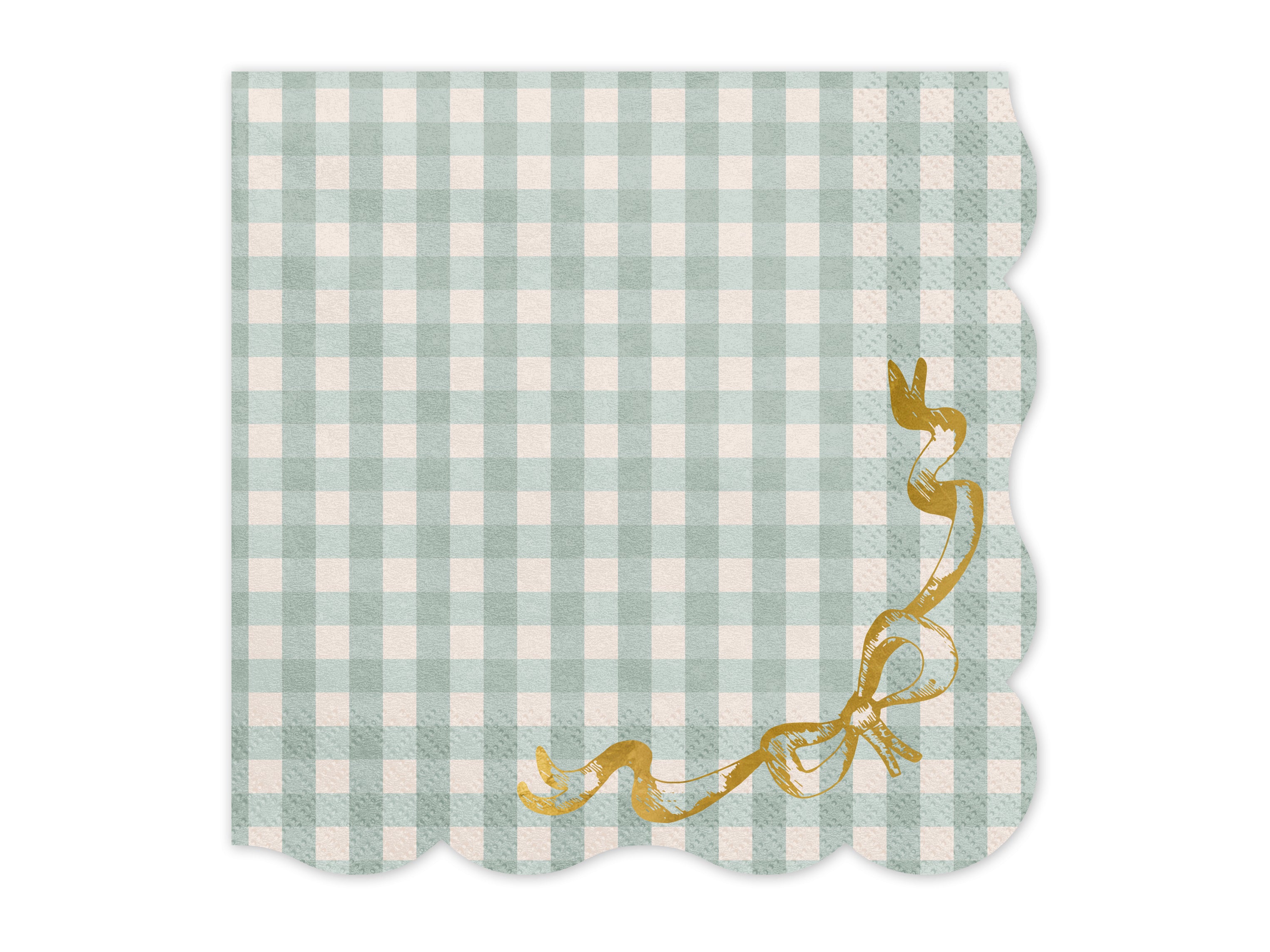 Square green and white gingham paper napkin with a scalloped edge and a shimmering gold foil bow.