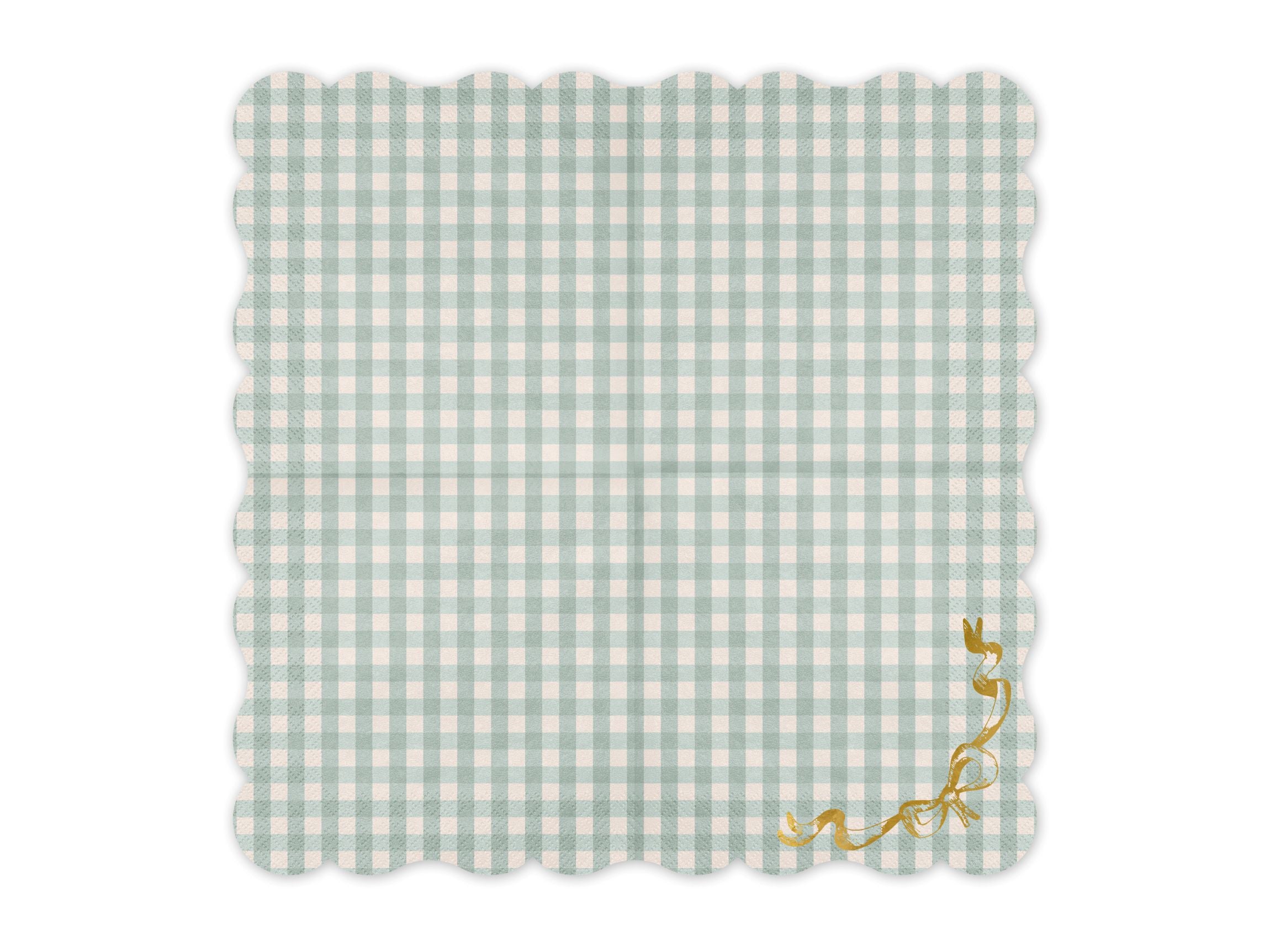 Green checkered paper napkin with a gold bow opened out