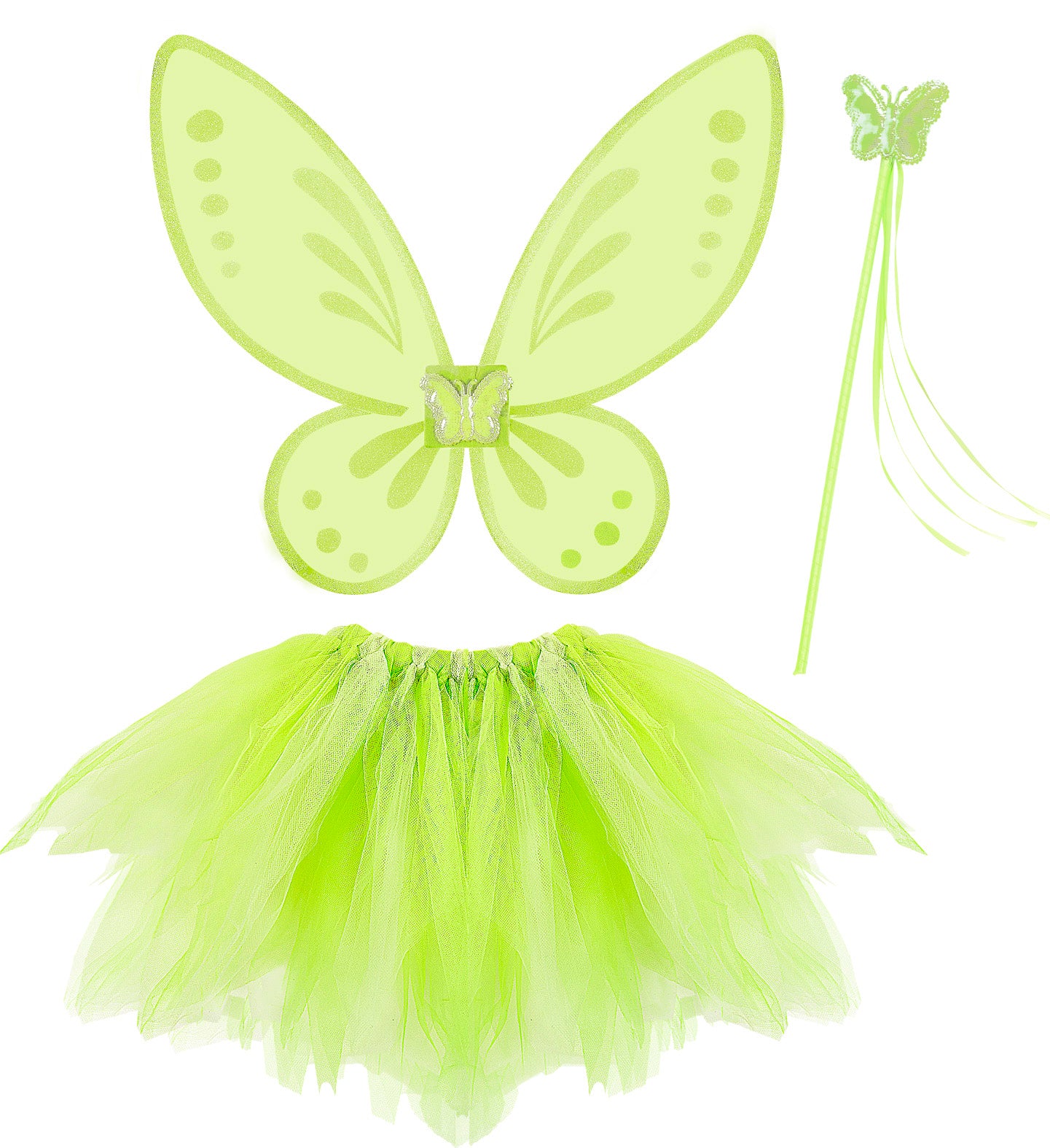 A bright display of a children's green fairy costume set assembled together, featuring a jagged-hem green tulle tutu, matching green fairy wings with a butterfly center, and a wand.