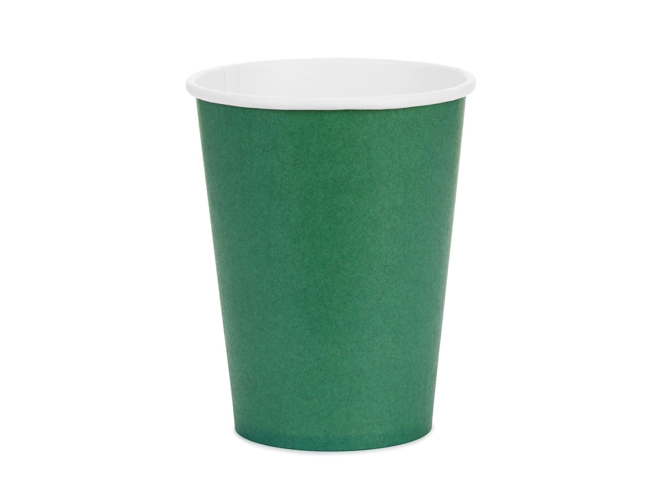 A single dark green disposable paper cup (approx. 250ml capacity) with a white interior.