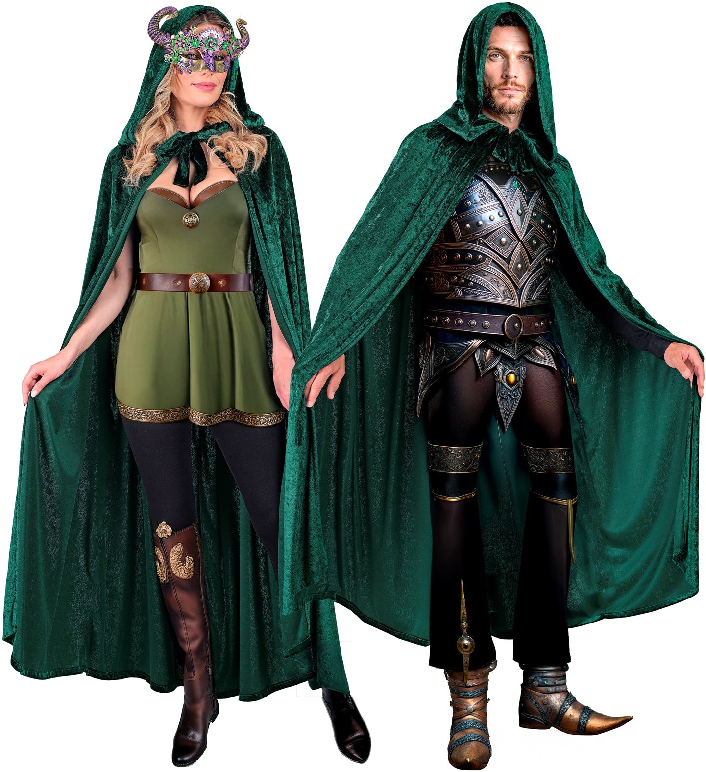 A man in fantasy armour and a woman in an elf costume both wear the long green velvet hooded cape.
