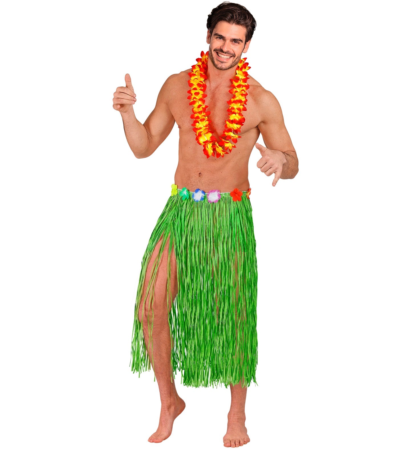 A smiling man wearing a long, green Hawaiian hula skirt with a colorful flower waist and a vibrant red and yellow lei around his neck, giving a thumbs-up gesture and pointing down, against a white background.