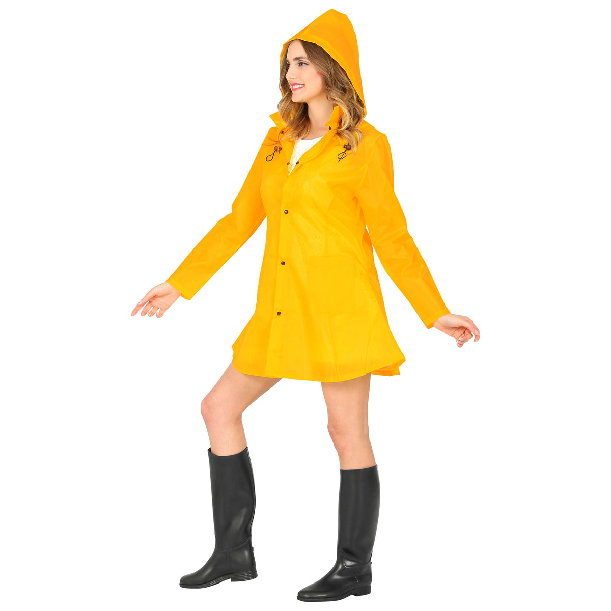 Yellow raincoat shown on adult with simple pointed hood and button-down front, versatile for Halloween or activist-themed fancy dress