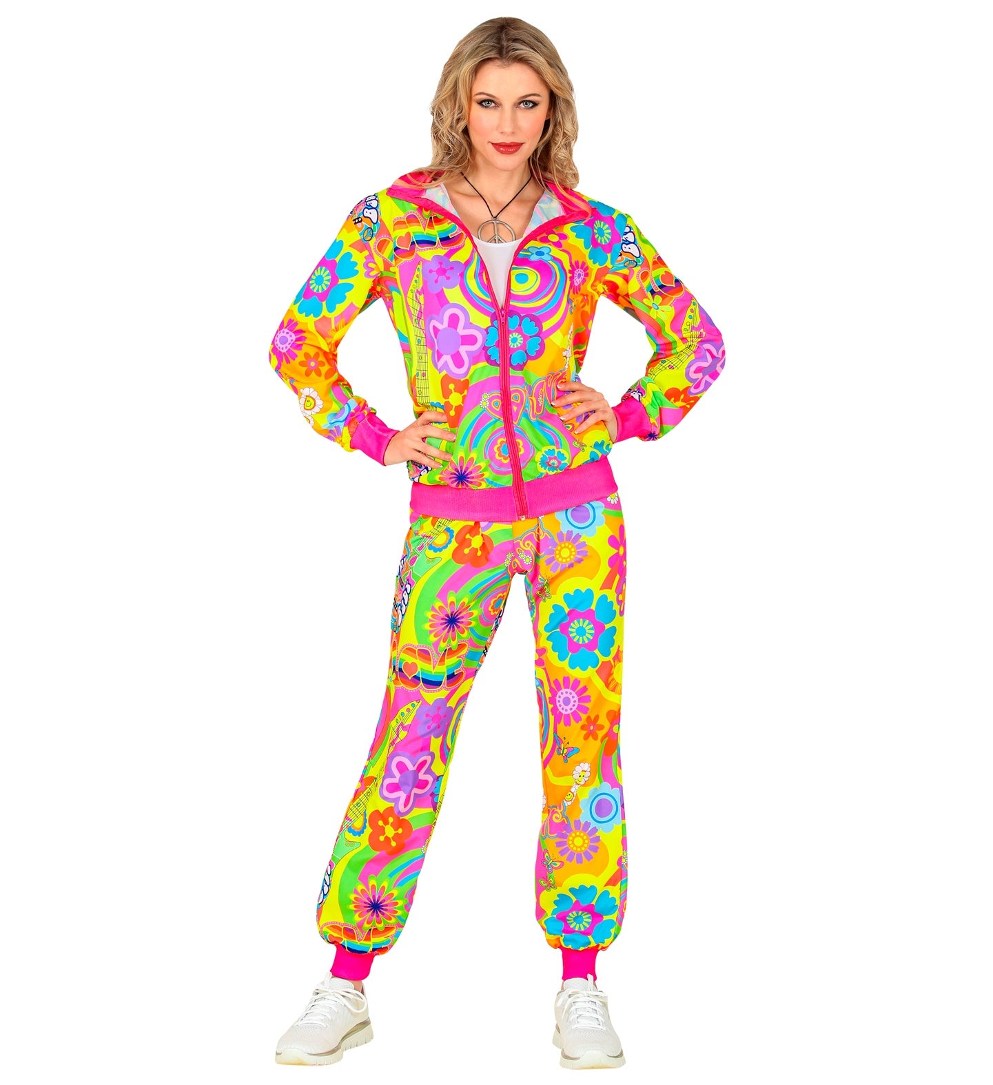 Ladies neon Groovy Love Hippie Tracksuit Costume 