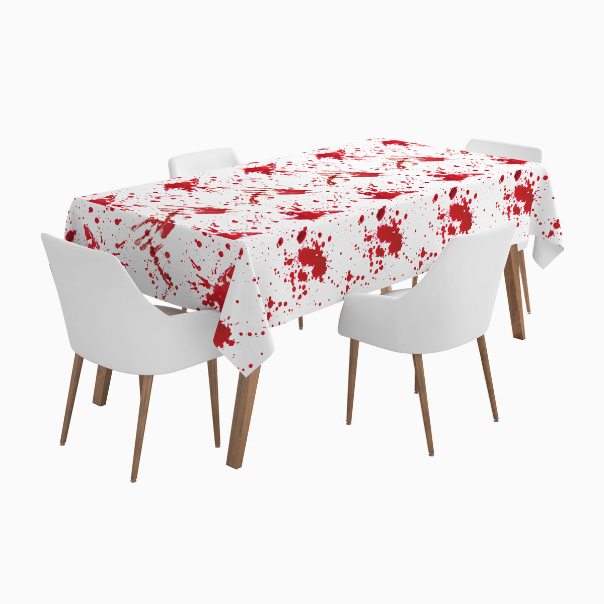 A rectangular dining table covered with a white tablecloth printed with a red blood splatter pattern, surrounded by four white chairs with wooden legs on a light gray background.