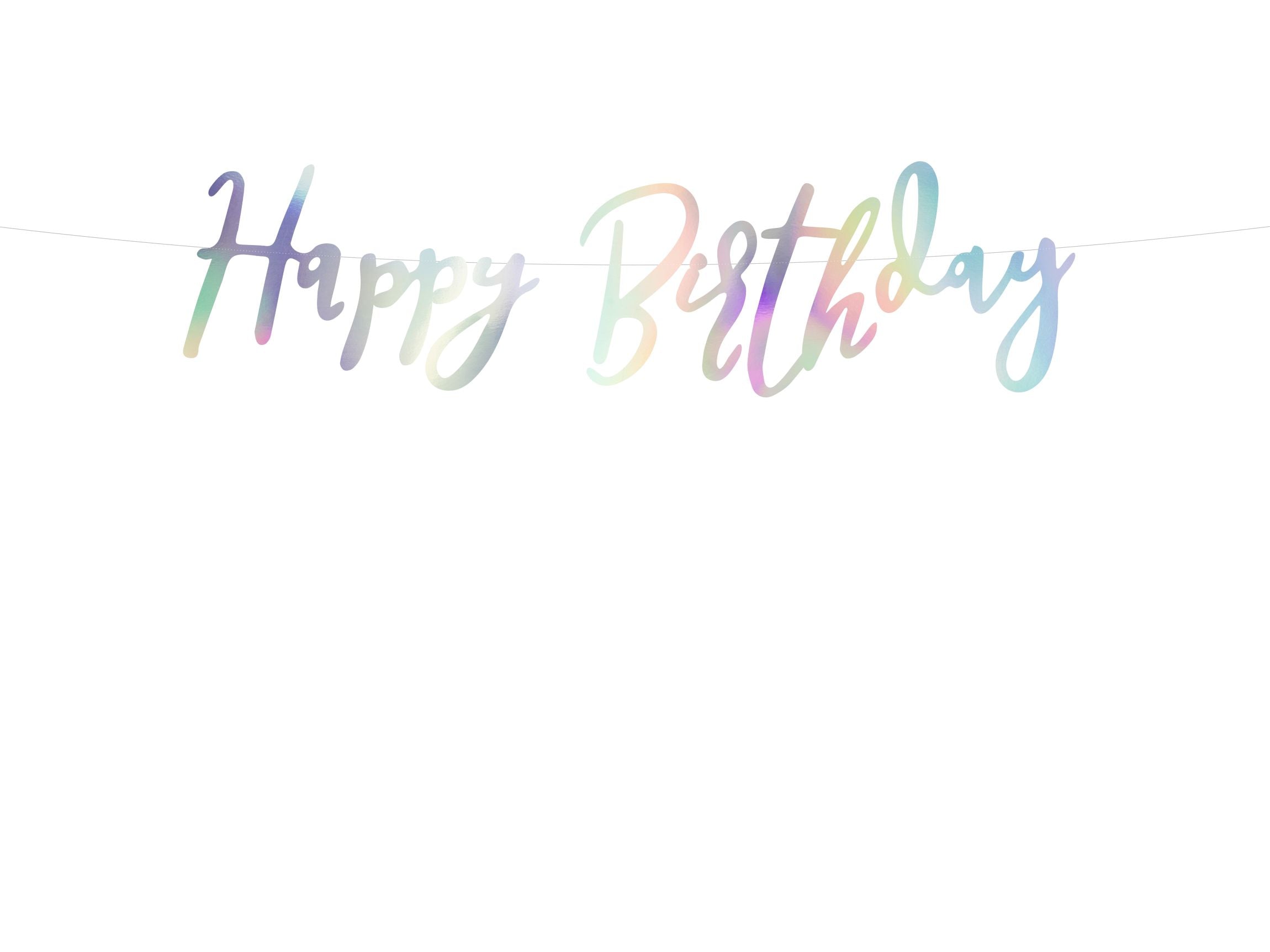 A "Happy Birthday" banner with script lettering made from iridescent paper that shimmers with pastel colors, strung on a thin white string, isolated on a white background.