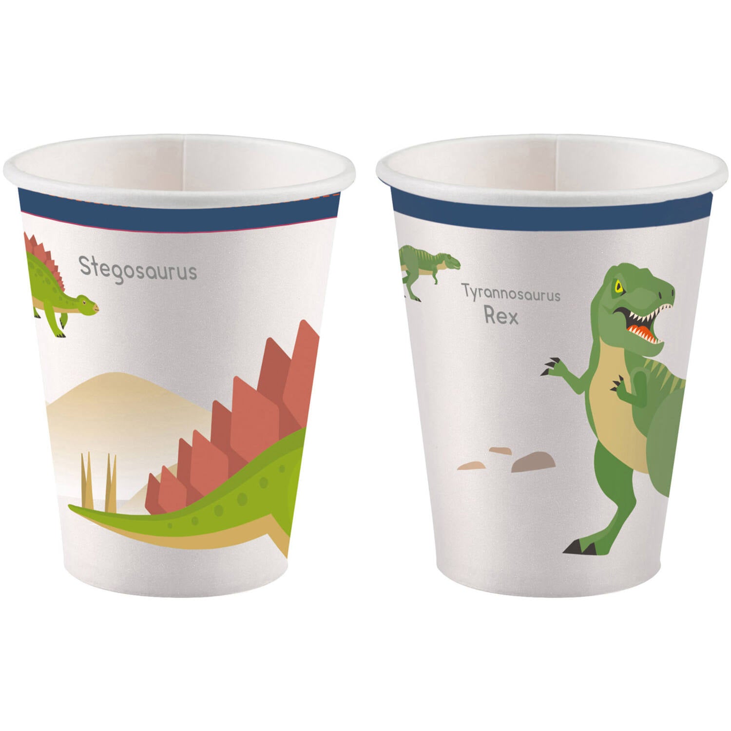 Two Happy Dinosaur party paper cups shown side-by-side. The cups feature a light cream background with a dark blue top border, decorated with stylized illustrations of a green Stegosaurus and a Tyrannosaurus Rex alongside their printed names.