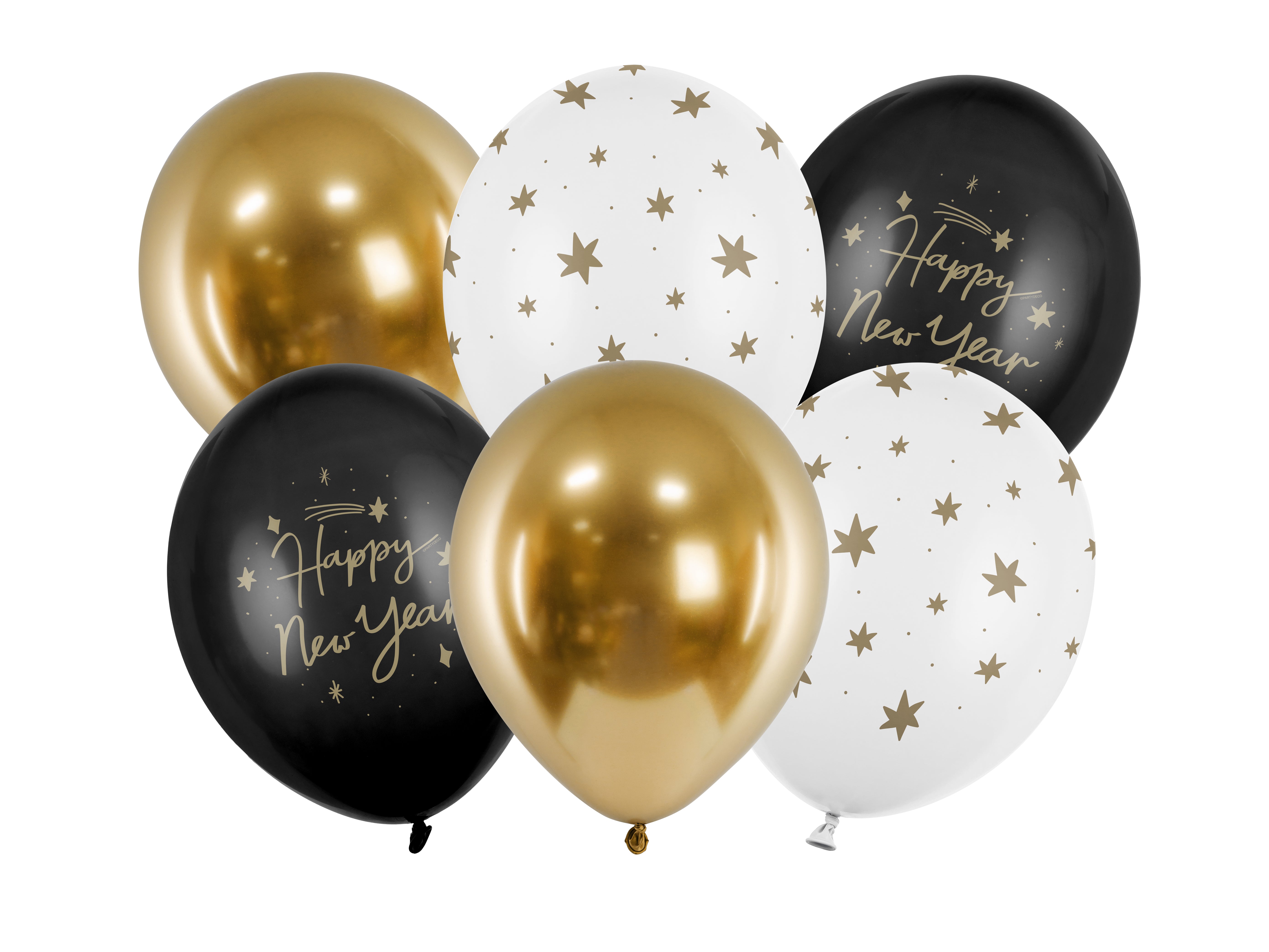 A set of six party balloons featuring two metallic gold, two white with gold stars, and two black balloons with "Happy New Year" printed in gold script.