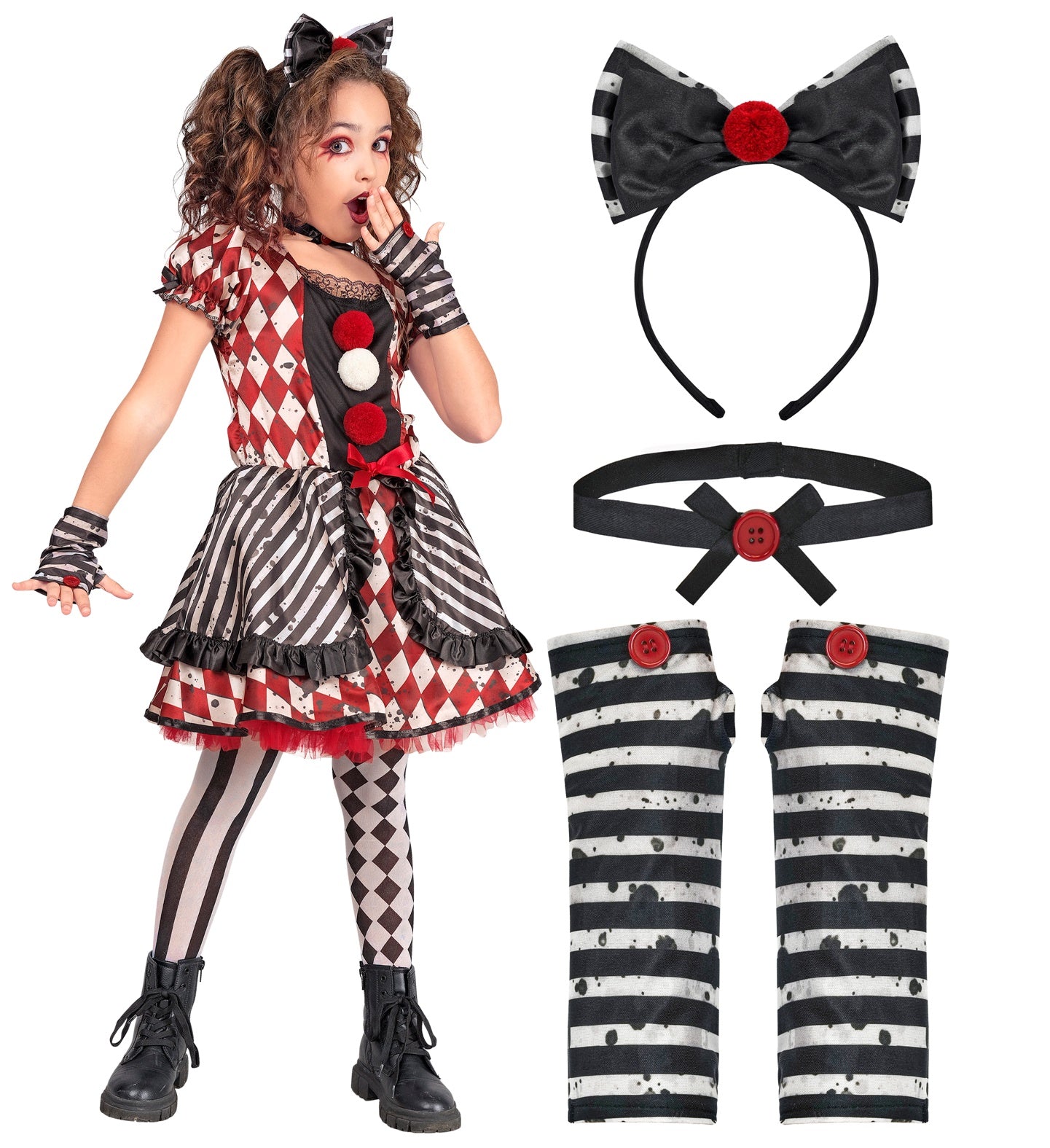 A composite image showing a child in a Harlequin Doll Clown costume striking a playful pose on the left, and a deconstructed view of the costume accessories on the right, including a black bow headband with a red pom-pom, a black choker with a red button, and a pair of striped glovelettes, all against a white background.