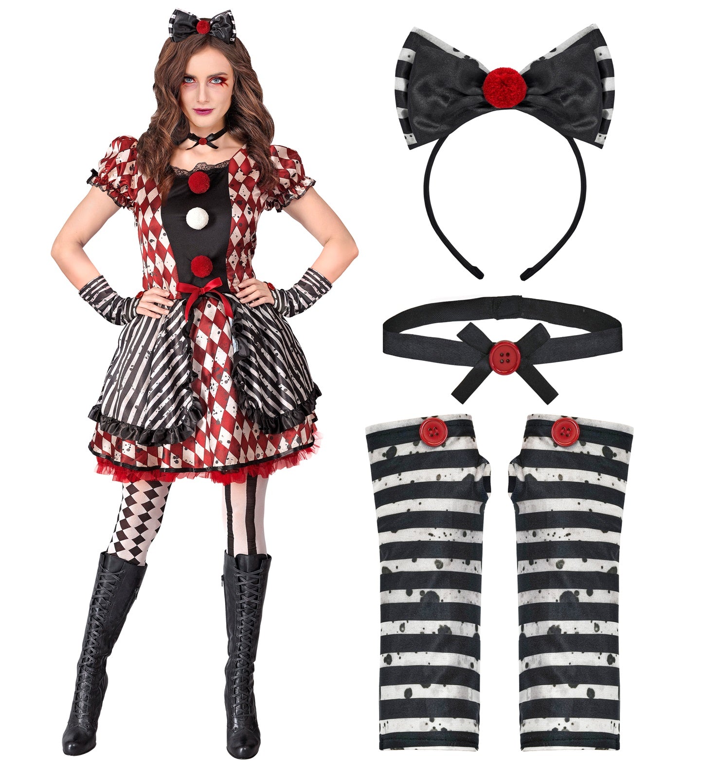 A collage showing the women's harlequin doll costume and its included accessories: a bow headband, choker, and striped fingerless glovelettes.