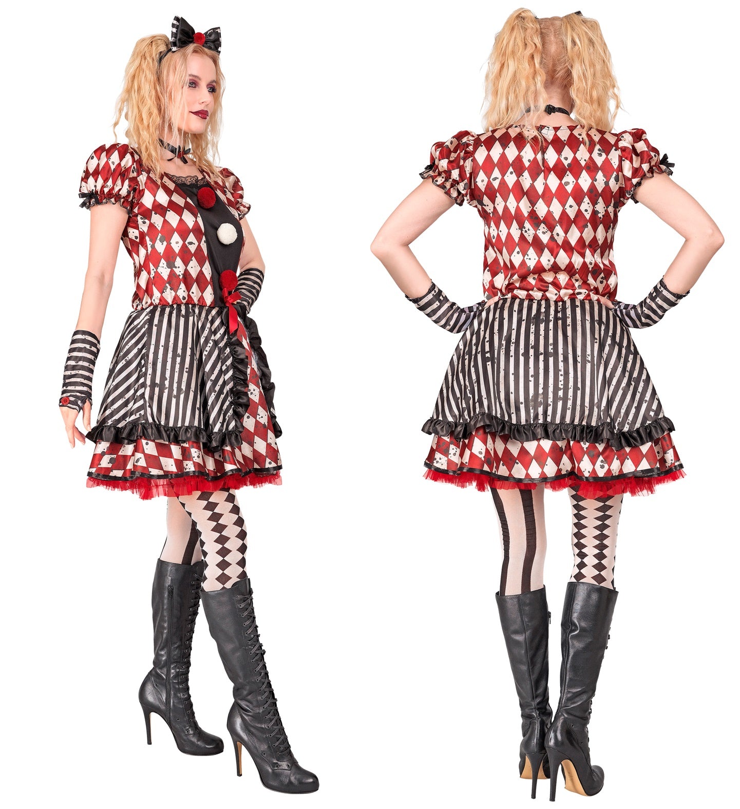 Side and back views of a woman wearing the harlequin jester costume, displaying the puff sleeves and layered skirt design.