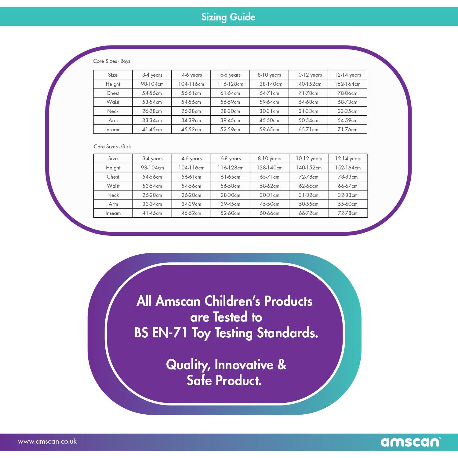 An official sizing guide chart for children's fancy dress costumes detailing measurements for boys and girls, noting that all products are tested to BS EN-71 toy testing safety standards.