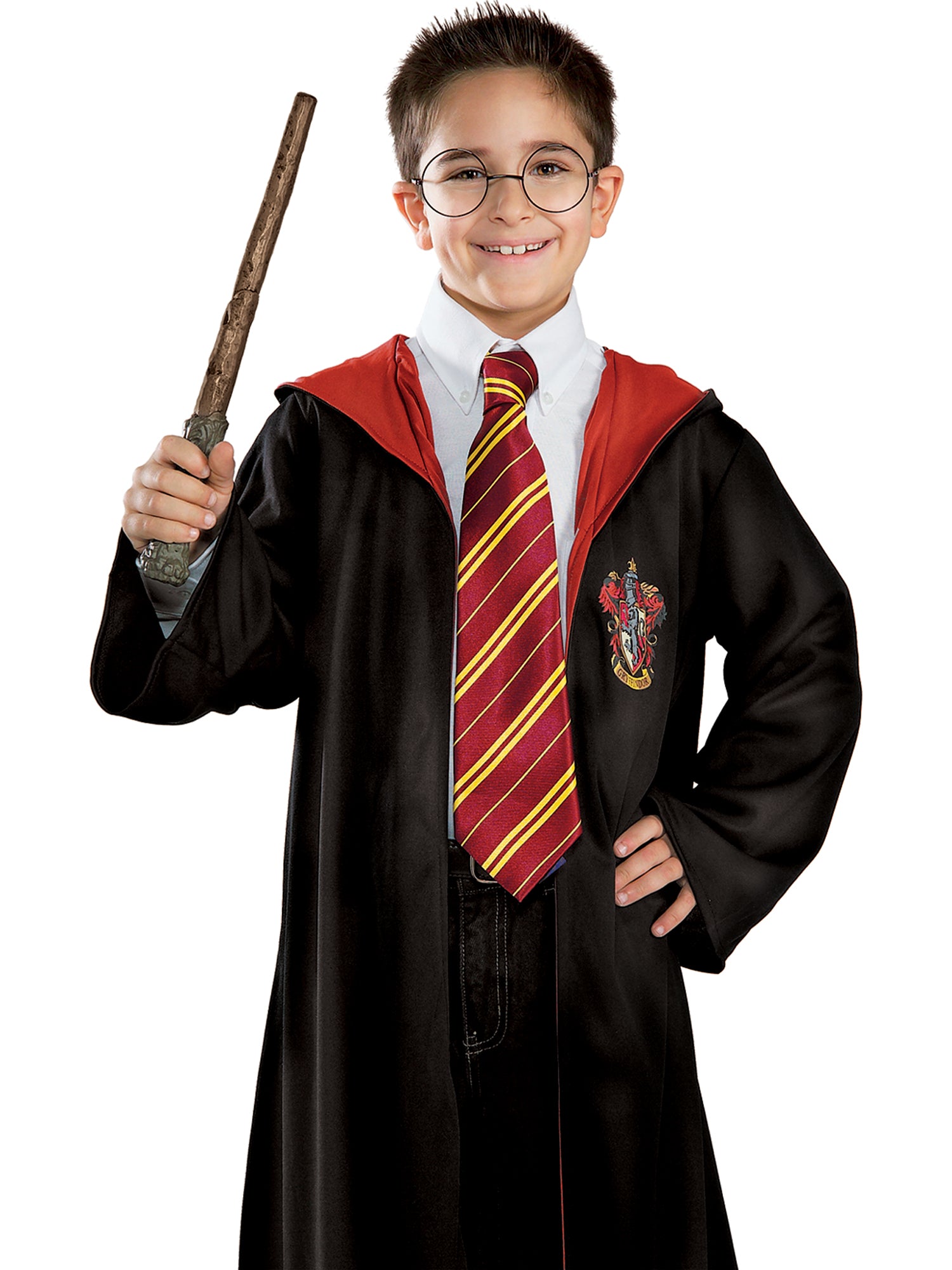 Young boy wearing a Harry Potter Gryffindor tie and robe, holding a magic wand, signifying a wizarding costume accessory.