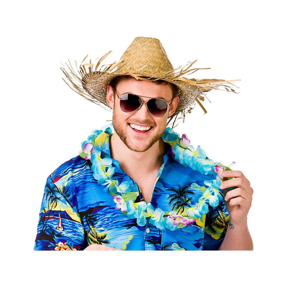A smiling man wearing a rustic straw Hawaii beachcomber hat with a shaggy brim, aviator sunglasses, a blue Hawaiian shirt, and a blue and pink floral lei around their neck, against a white background.