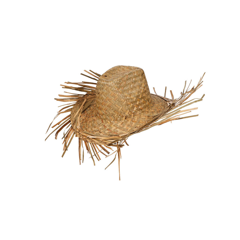 A rustic, woven straw Hawaii beachcomber hat with a distressed, shaggy brim, isolated on a white background.
