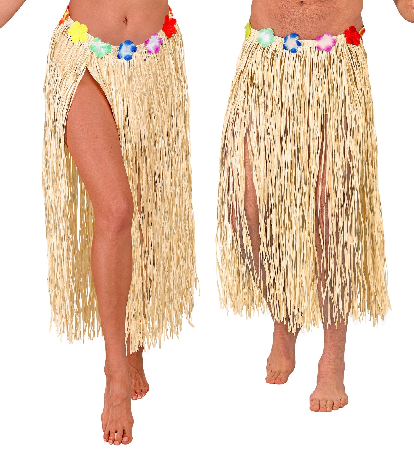 Two individuals from the waist down, both wearing natural-colored Hawaiian hula skirts with colorful flower waists, standing barefoot against a white background. One skirt has a visible high slit.
