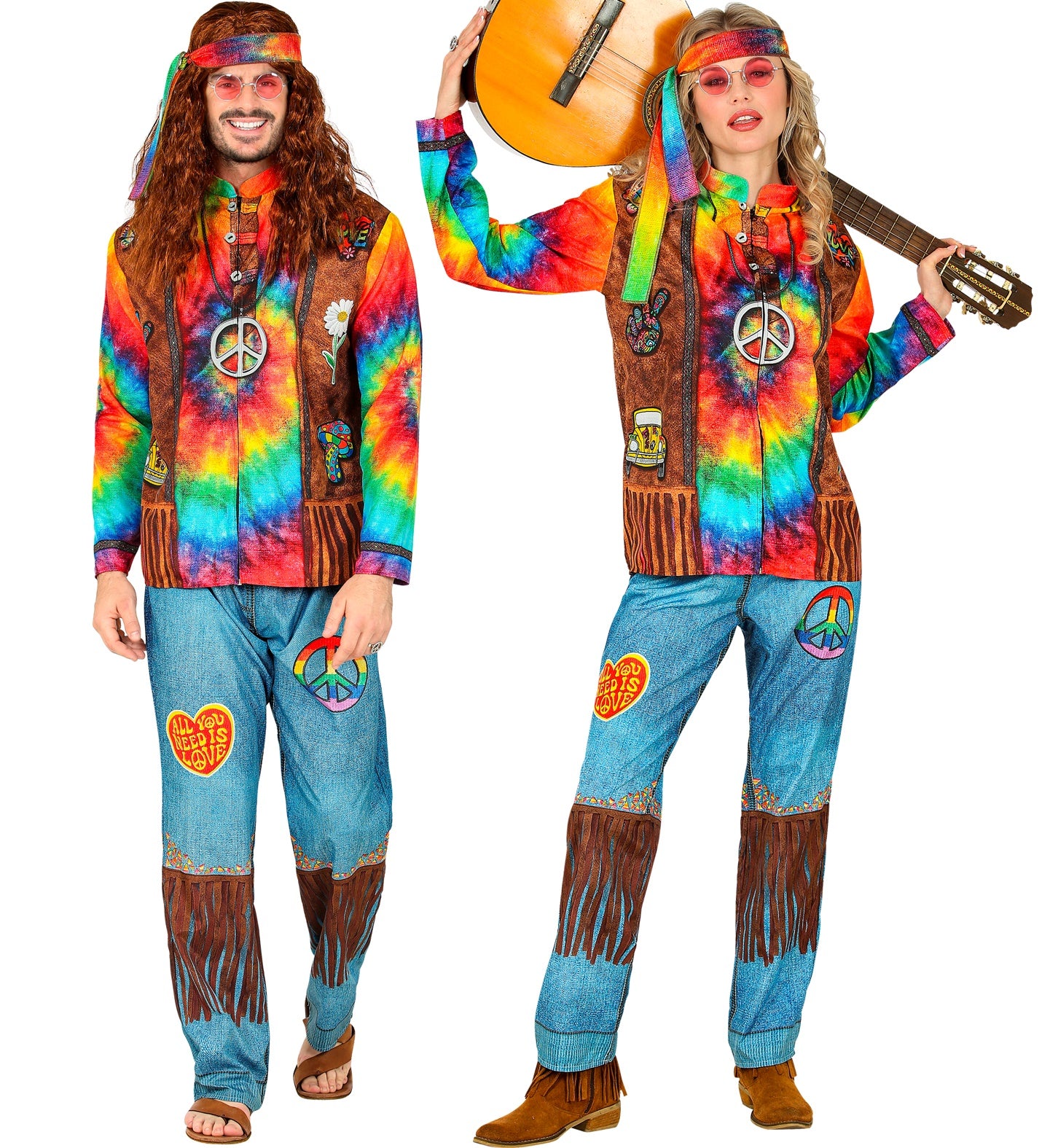 A man and woman modeling matching 3D printed hippie costumes featuring tie-dye patterns and peace sign patches.