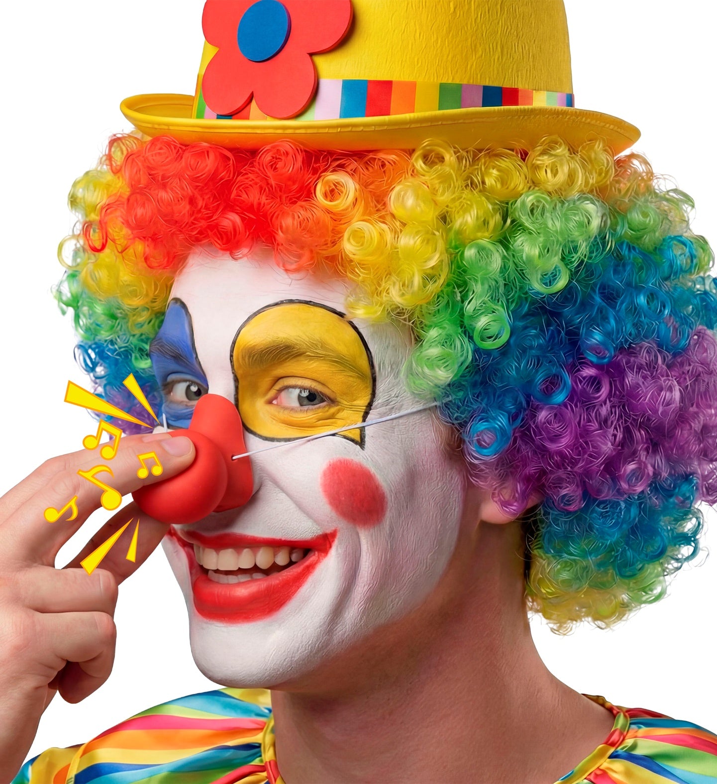A model in full colorful circus clown makeup and a rainbow wig playfully pinching their bright red clown nose, with yellow musical note graphics indicating a honking sound.