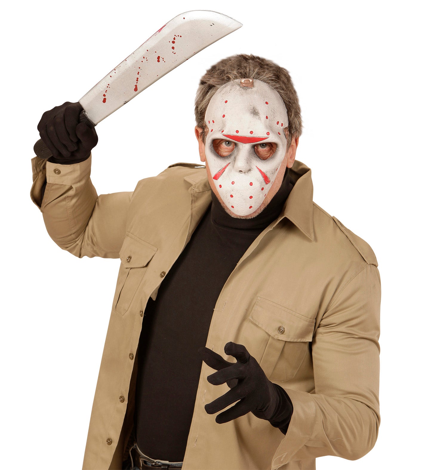 A man in a Jason-style costume, wearing the horror hockey mask and holding a bloody prop machete.