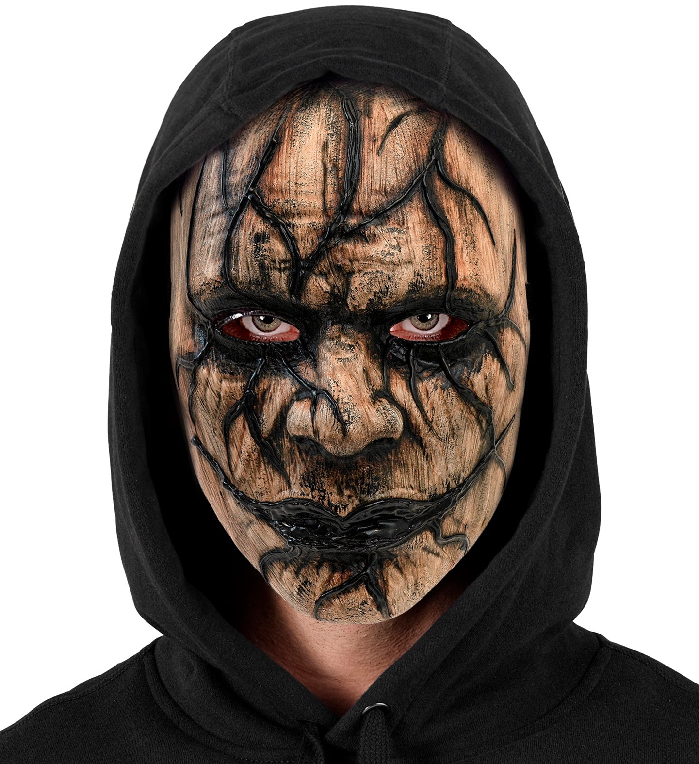 A close-up portrait of a person wearing a creepy, textured hard plastic infected mask with raised black veins and darkened eye contours, styled with a black hoodie.