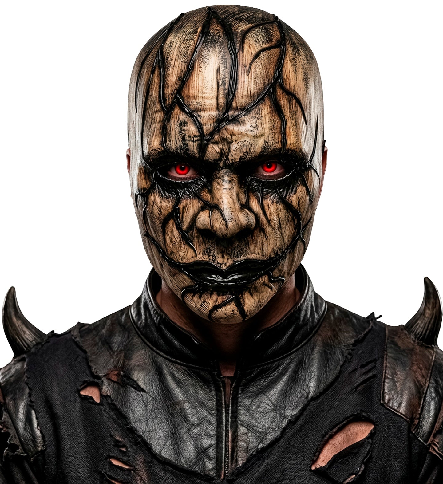 A person wearing a terrifying infected horror mask with glossy black veins, styled with a distressed, apocalyptic-style black leather jacket with spiked shoulders.