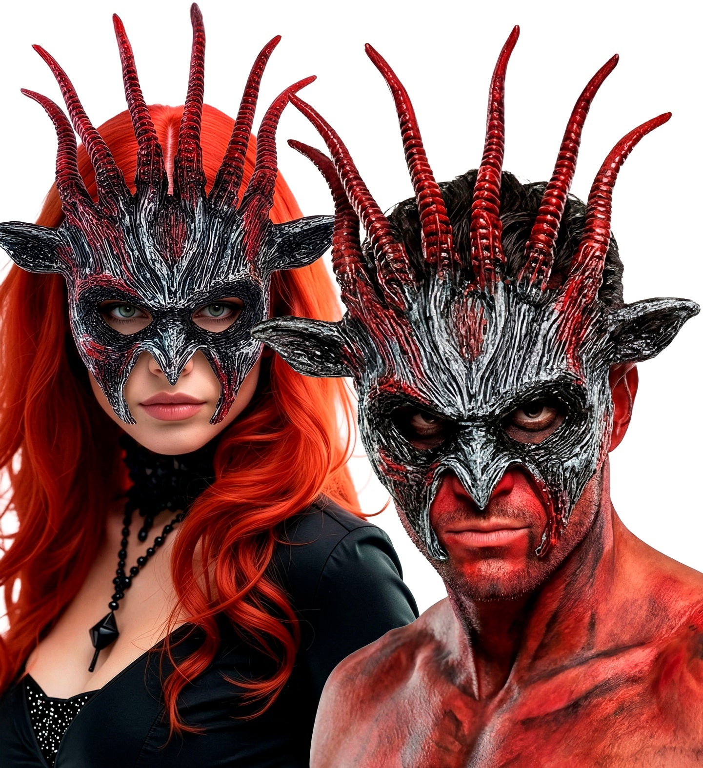 A split portrait showing a female model with bright red hair and a male model with red body paint, both fiercely wearing the dark, textured Infernal Beast mask with red horns.