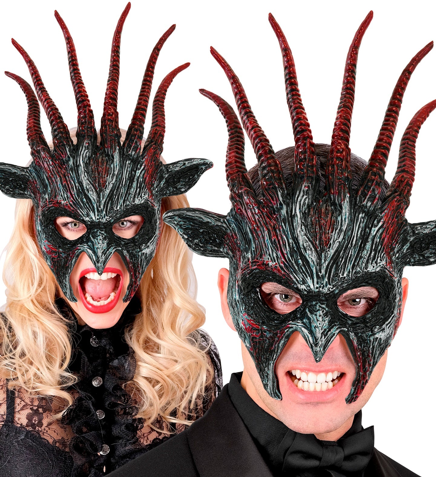 Two models posing aggressively while wearing the Infernal Beast hard plastic mask; the female model is shouting playfully, while the male model bears his teeth in a menacing growl.
