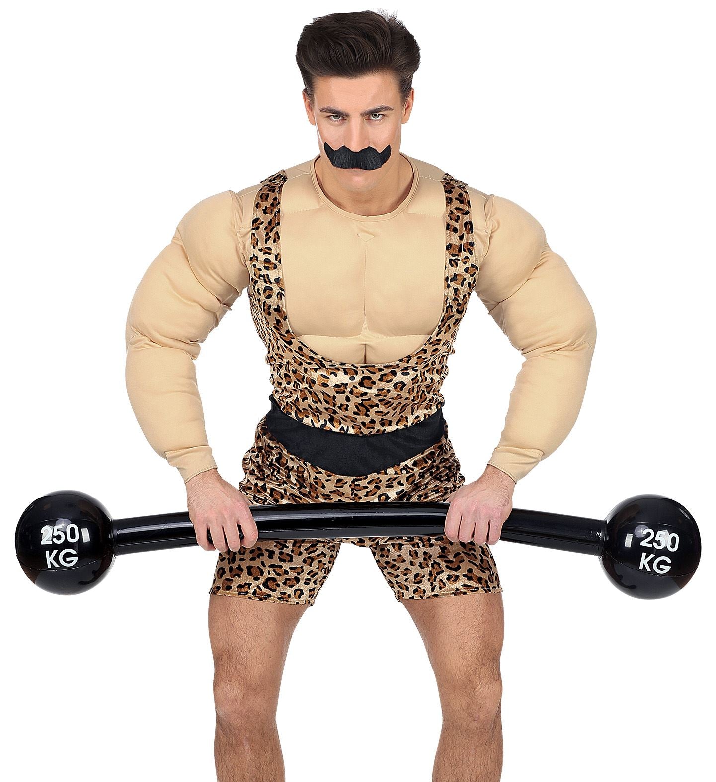 Man in a leopard print strongman costume lifting a giant 120 cm inflatable barbell prop.