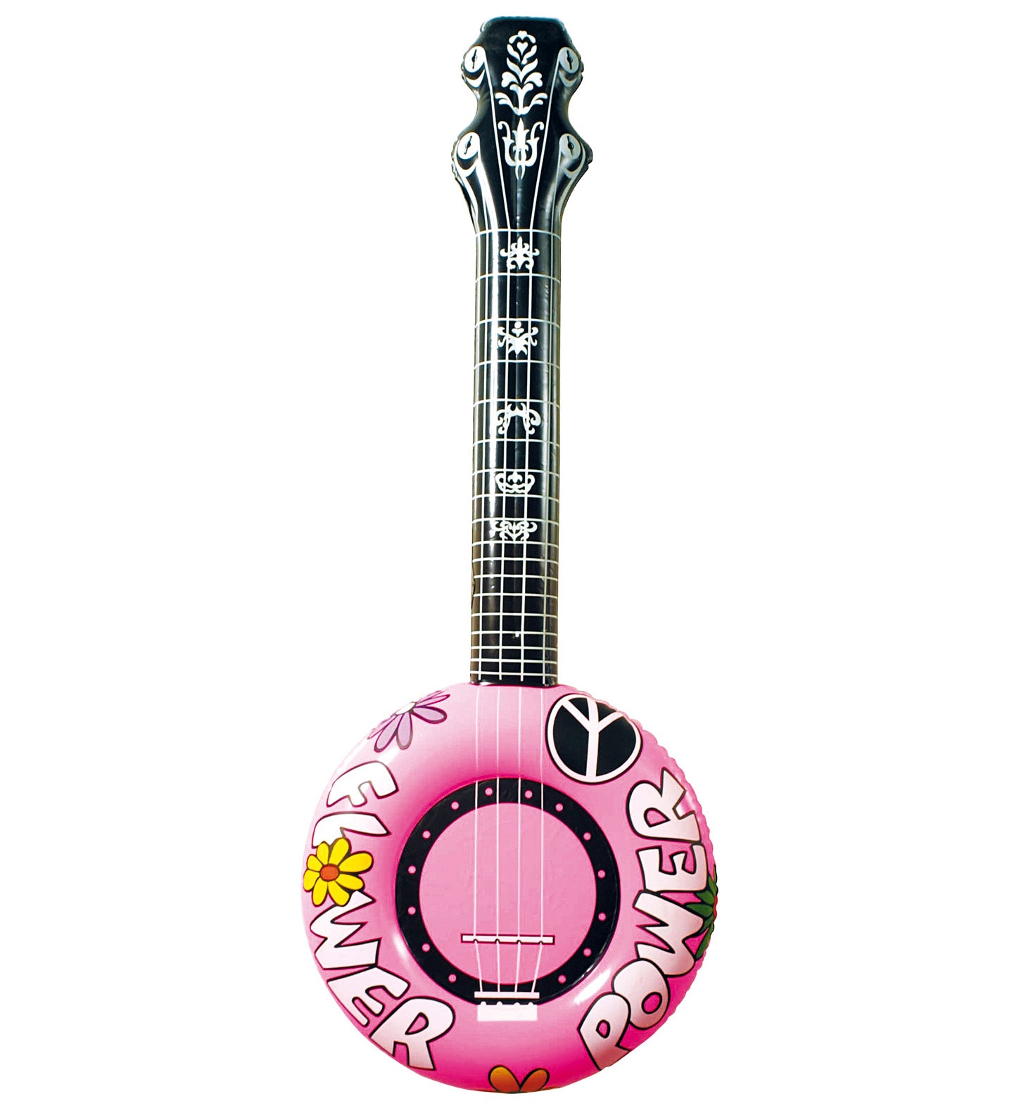 Close-up of the 100cm inflatable pink banjo showing the peace sign and flower power graphics.