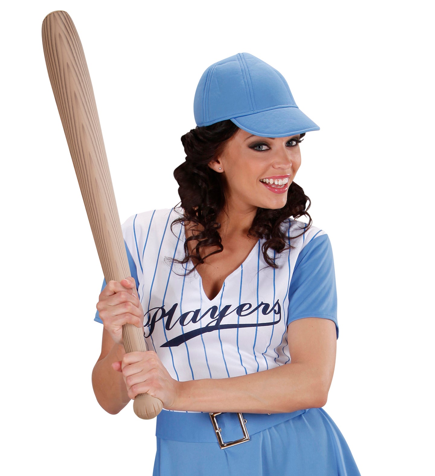 A woman in a blue baseball player costume smiling while holding the inflatable baseball bat.