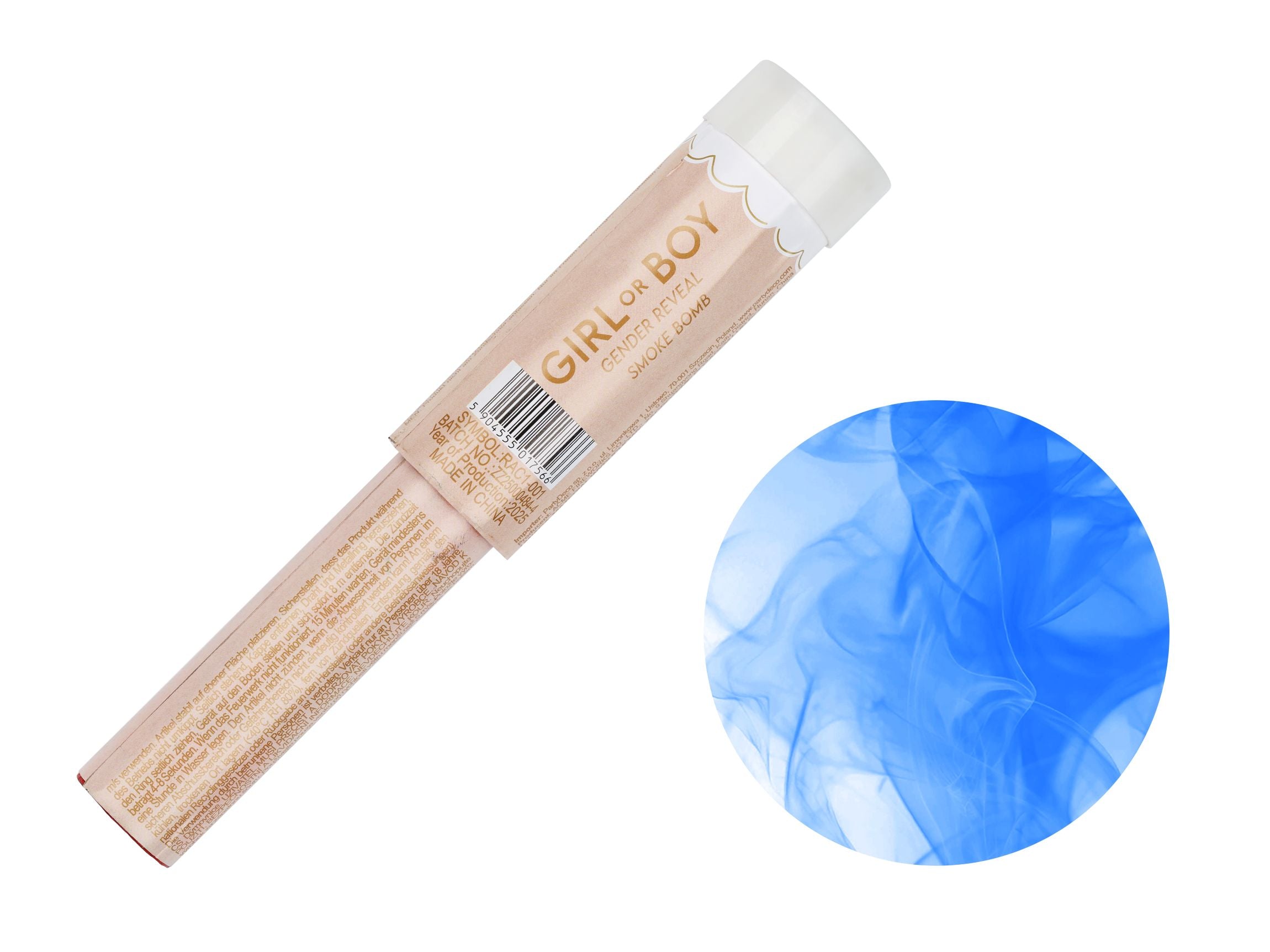 A pastel "Girl or Boy" gender reveal smoke bomb tube laying diagonally next to a circular graphic showing vibrant blue smoke.