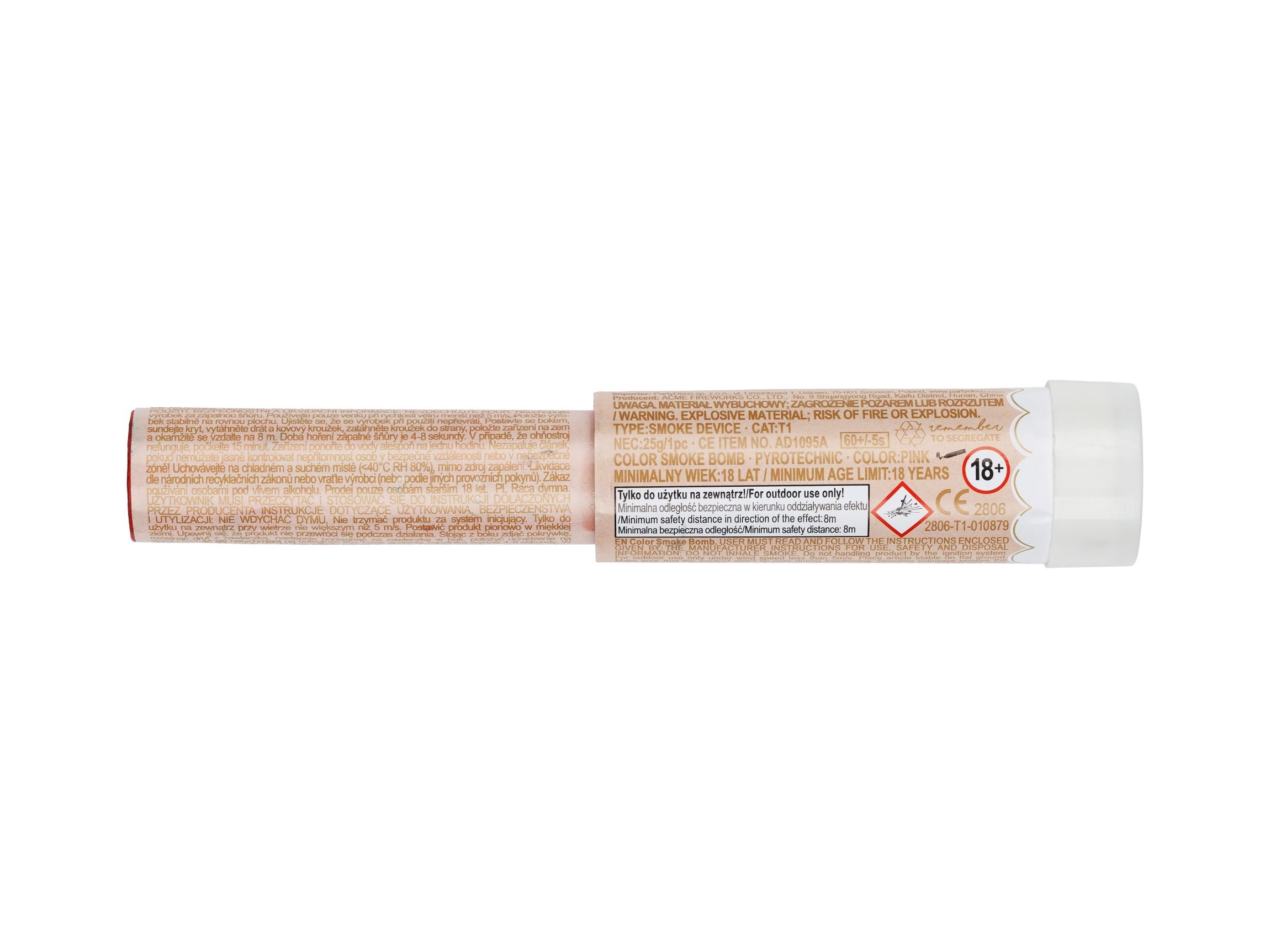 The back of a gender reveal smoke bomb tube displaying safety warnings, CE marking, and a minimum age limit of 18 years.