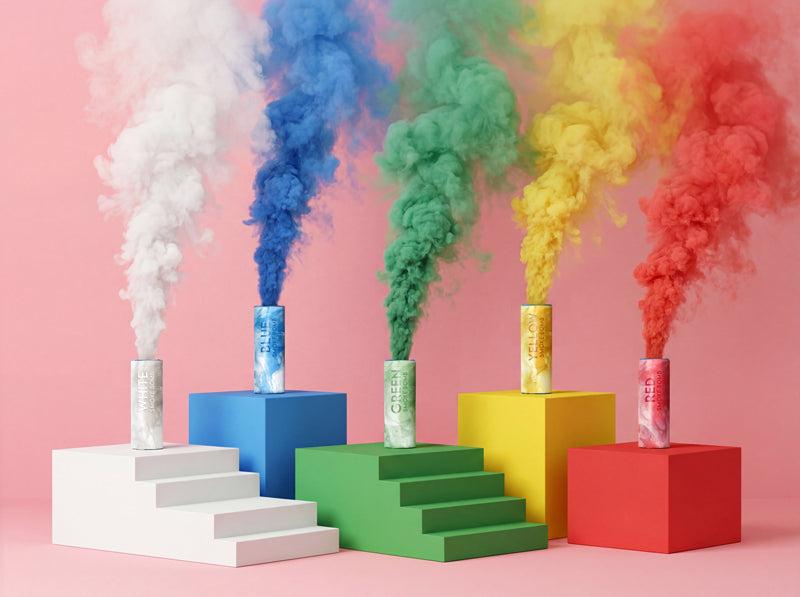 A colorful display of five smoke bombs resting on geometric blocks, each emitting a different colored cloud of smoke including white, blue, green, yellow, and red.