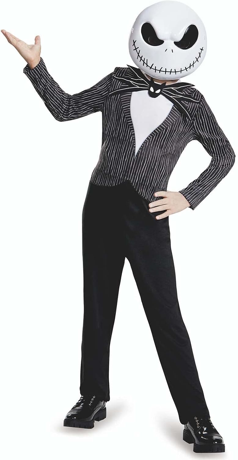 Child wearing official Disney Jack Skellington costume with black and white pinstriped jumpsuit, white chest panel, black bat bow tie and white plastic-moulded skellington mask with stitched smile