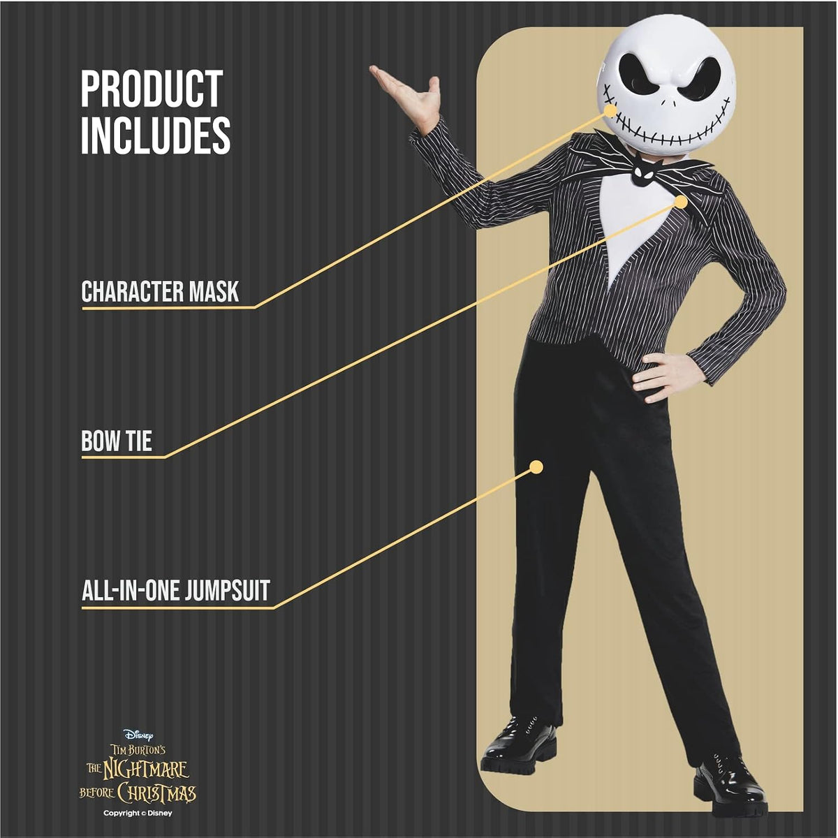 High-quality detail of authentic plastic-moulded Jack Skellington character mask with stitched mouth design and eye sockets, plus close-up of black bat-shaped bow tie