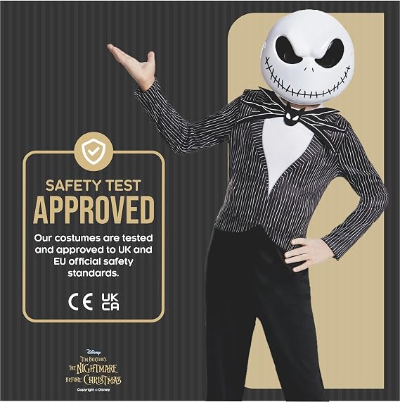 Child in Jack Skellington costume showing safety approval badge confirming CE marked and tested to UK and EU official safety standards