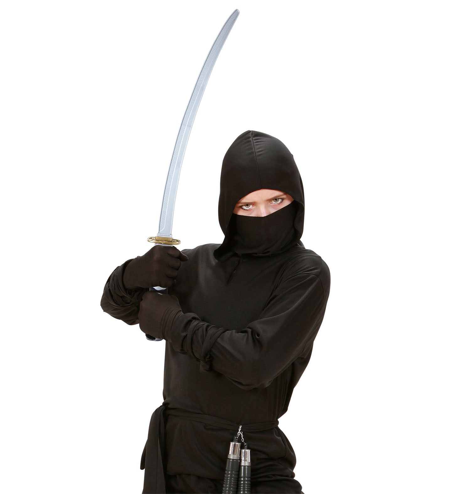 A person in a black ninja costume holding the toy katana sword in a defensive, ready stance.