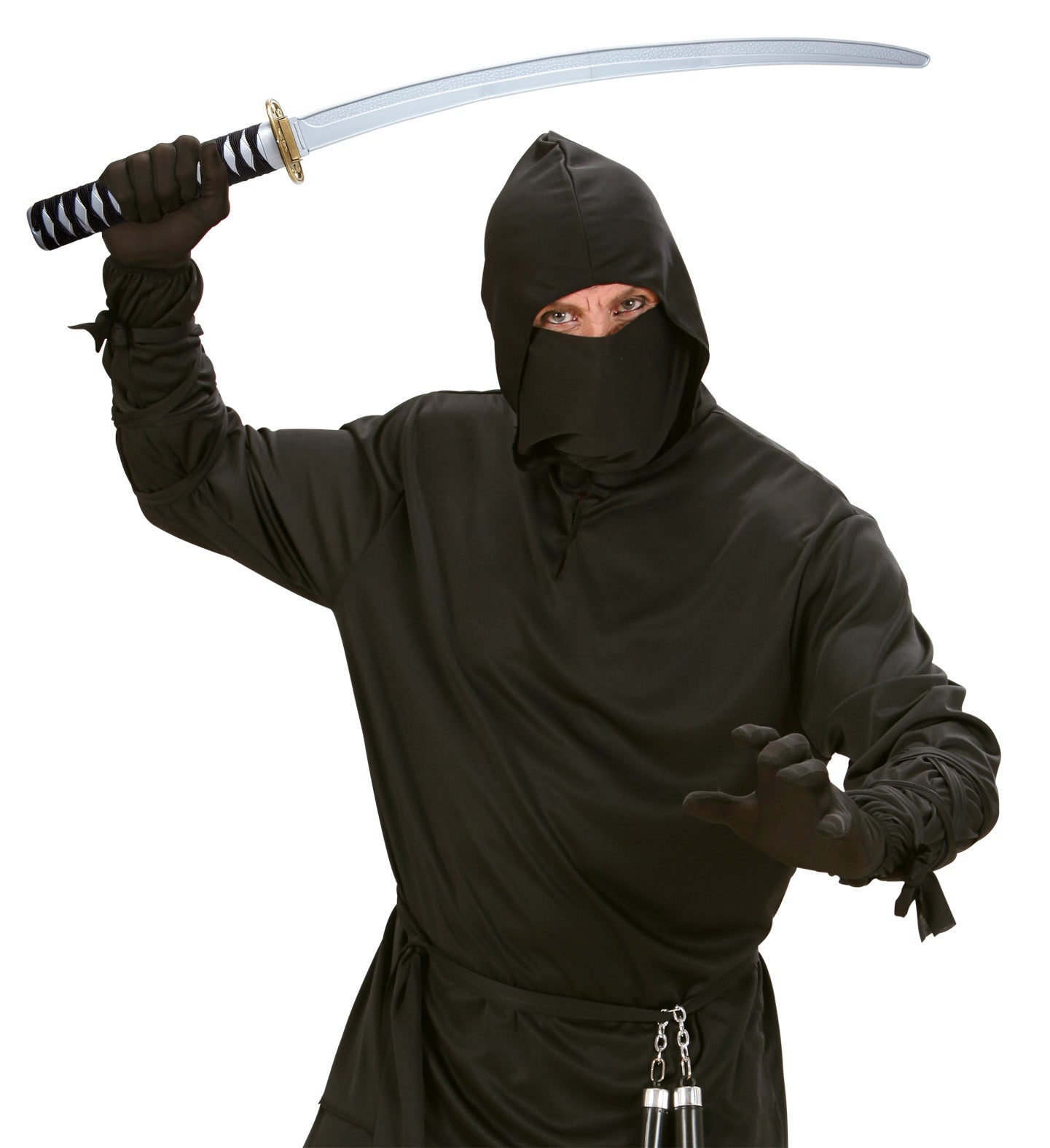 A man in a black ninja costume raising the 75cm toy katana sword in an action pose.