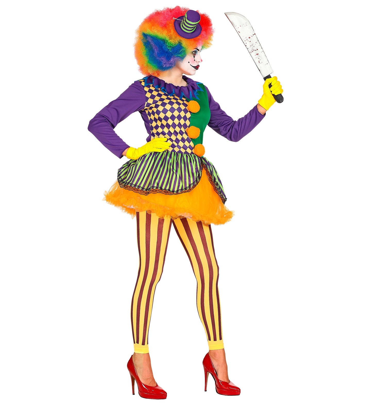 A side view of a person in a colorful clown costume, holding a toy machete. The costume includes a purple, green, and checkered top, an orange tutu skirt, yellow and brown striped leggings, and a rainbow wig with a mini top hat.