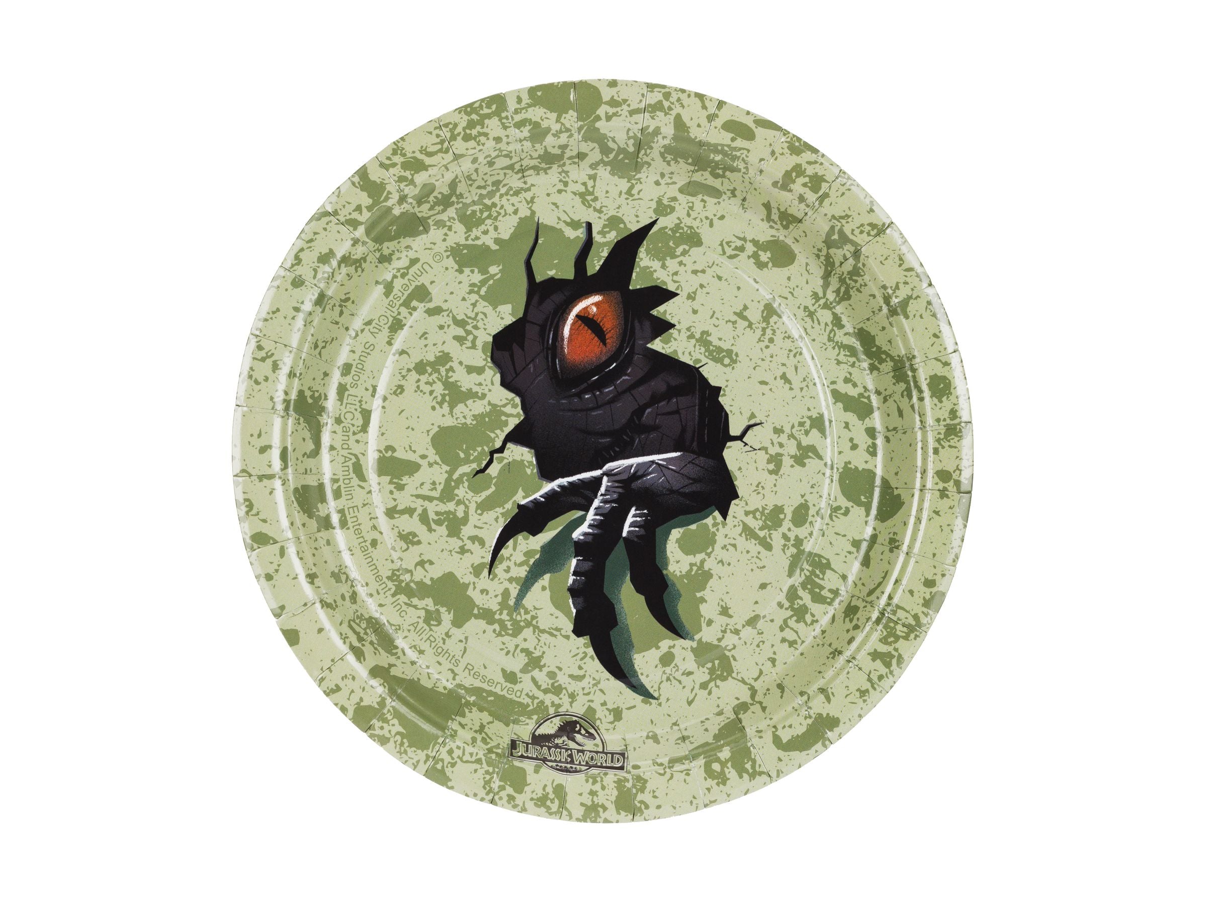 Round camouflage-green paper plate featuring an officially licensed Jurassic World hatching raptor graphic.
