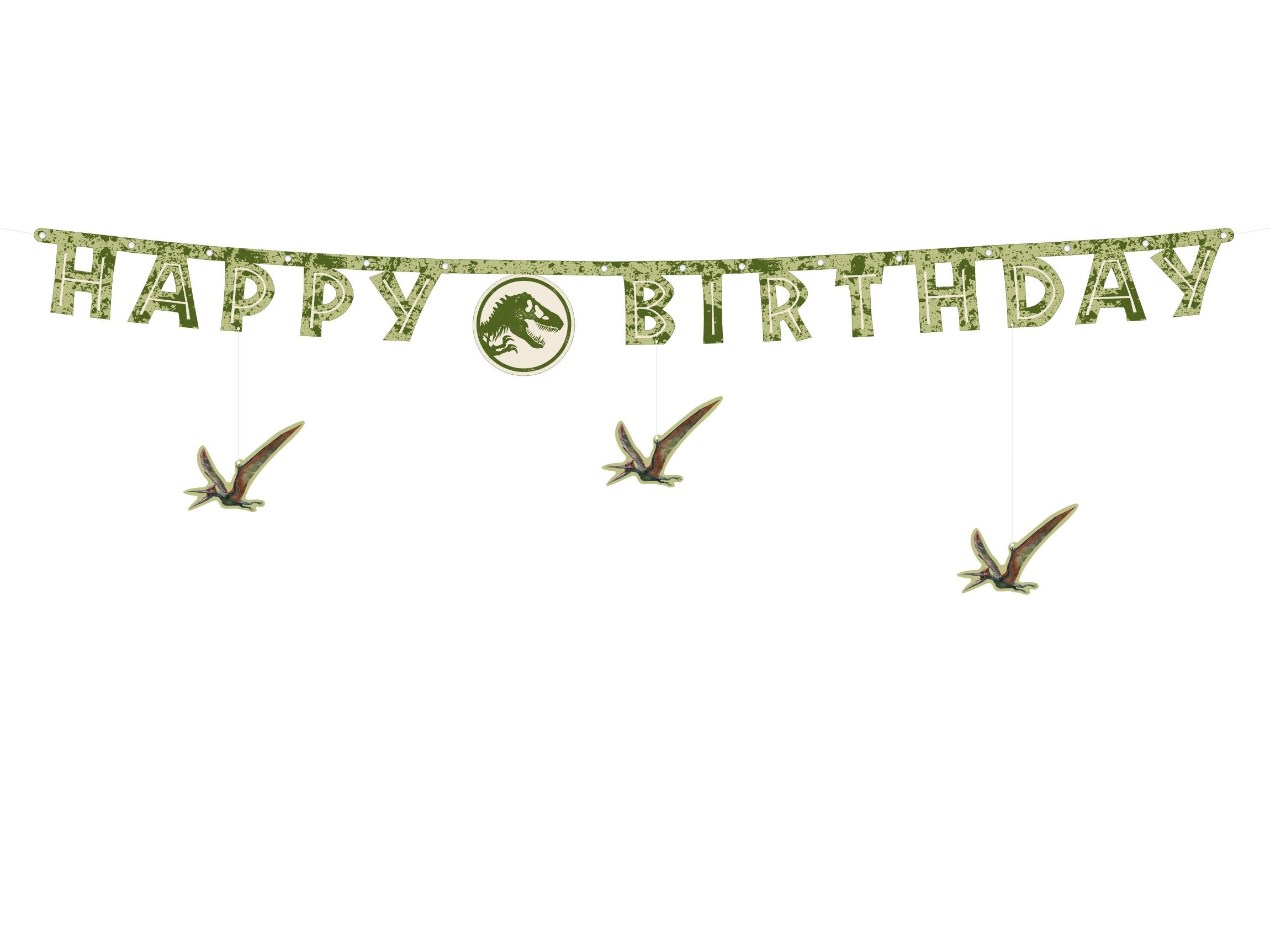 Green distressed-style "Happy Birthday" banner with a central T-Rex logo and three hanging Pterodactyl dinosaur cutouts.