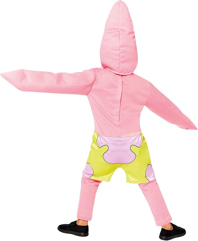 The back of the children's Patrick Star costume showing the pink jumpsuit and lime green shorts design.