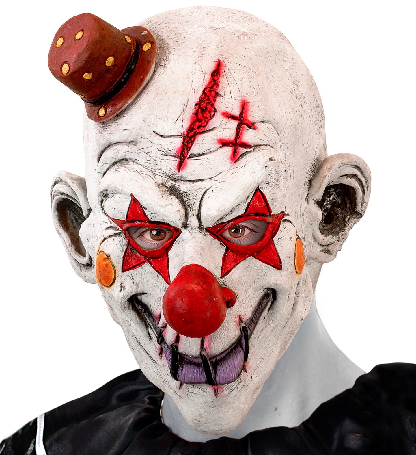 A close-up of a terrifying killer clown full head mask, showing its detailed texture, red star makeup, red nose, and stitched mouth.