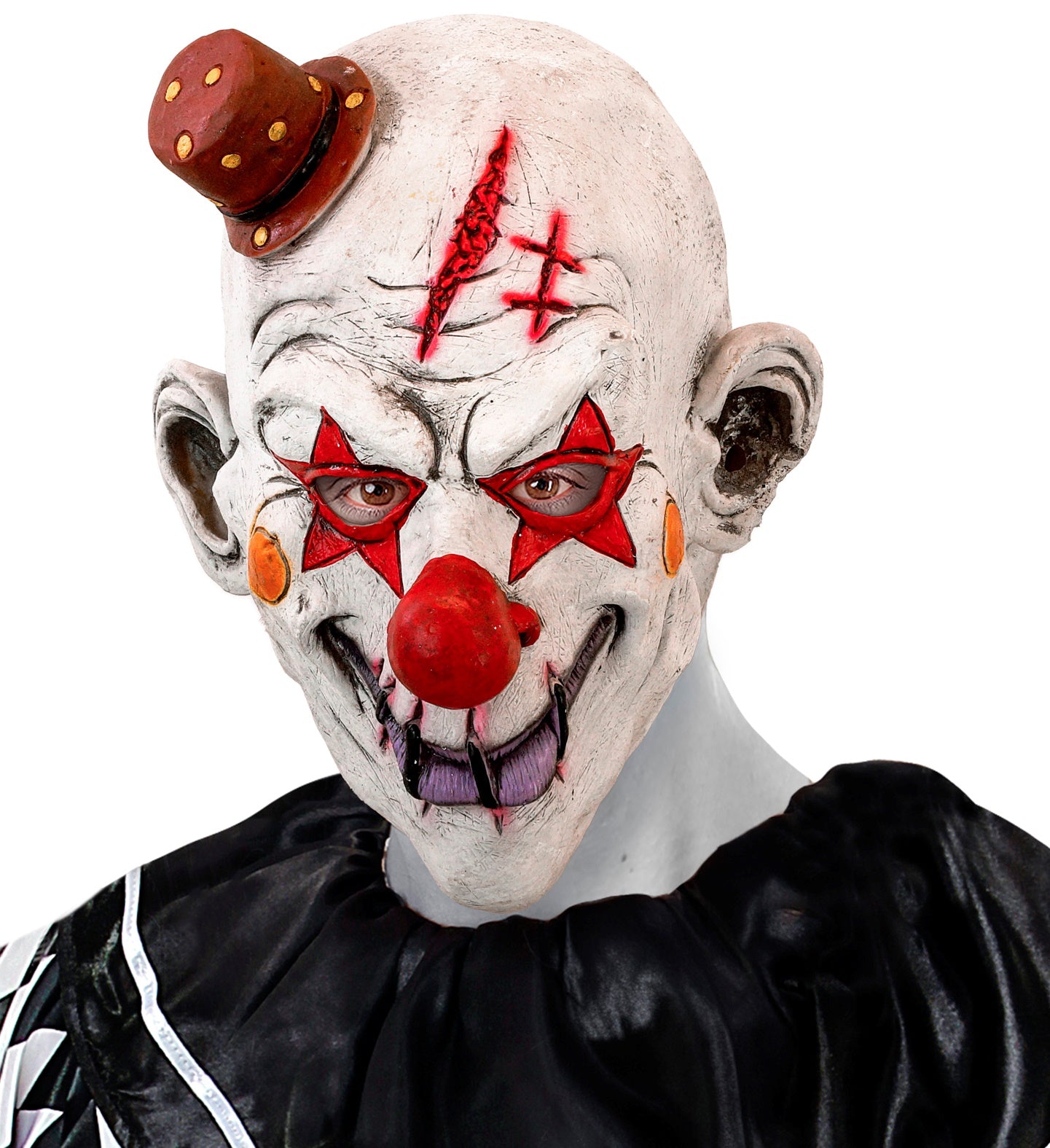 A full head killer clown mask with a pale, cracked face, red star-painted eyes, a stitched grin, and a small brown top hat attached to the forehead.