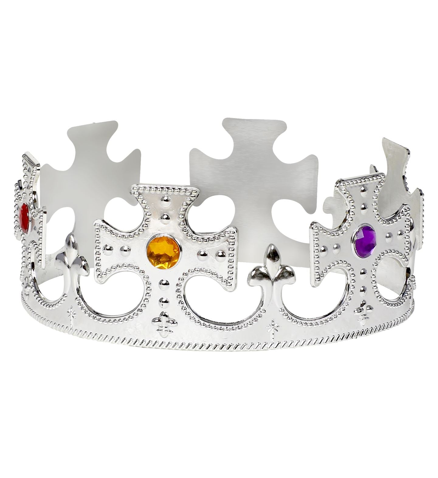 A silver plastic royal crown with large, multi-colored faux jewels.