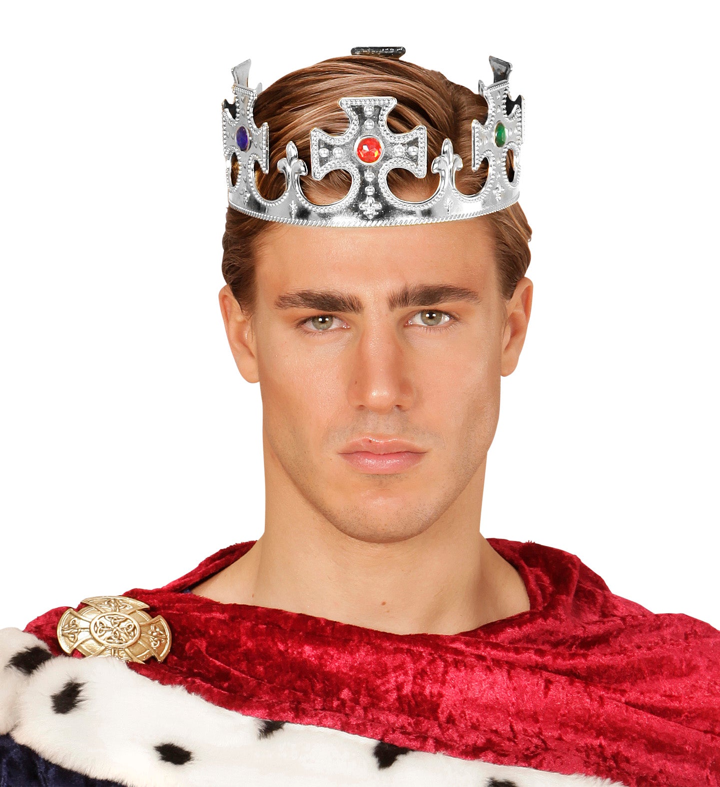 A man wearing the silver king crown and a red velvet robe with faux fur trim.
