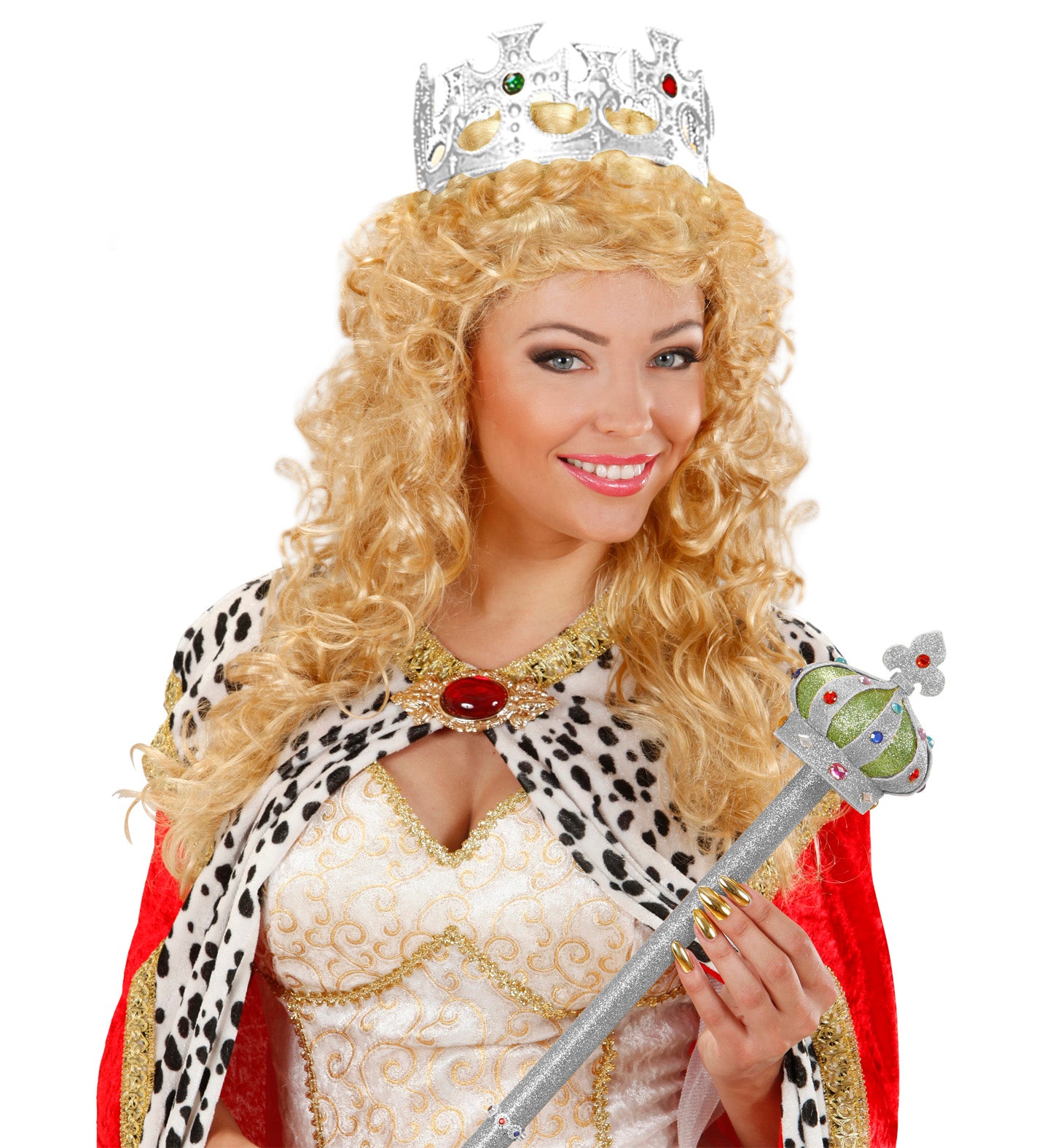 A blonde woman wearing the silver king crown, a curly wig, and holding a sceptre.