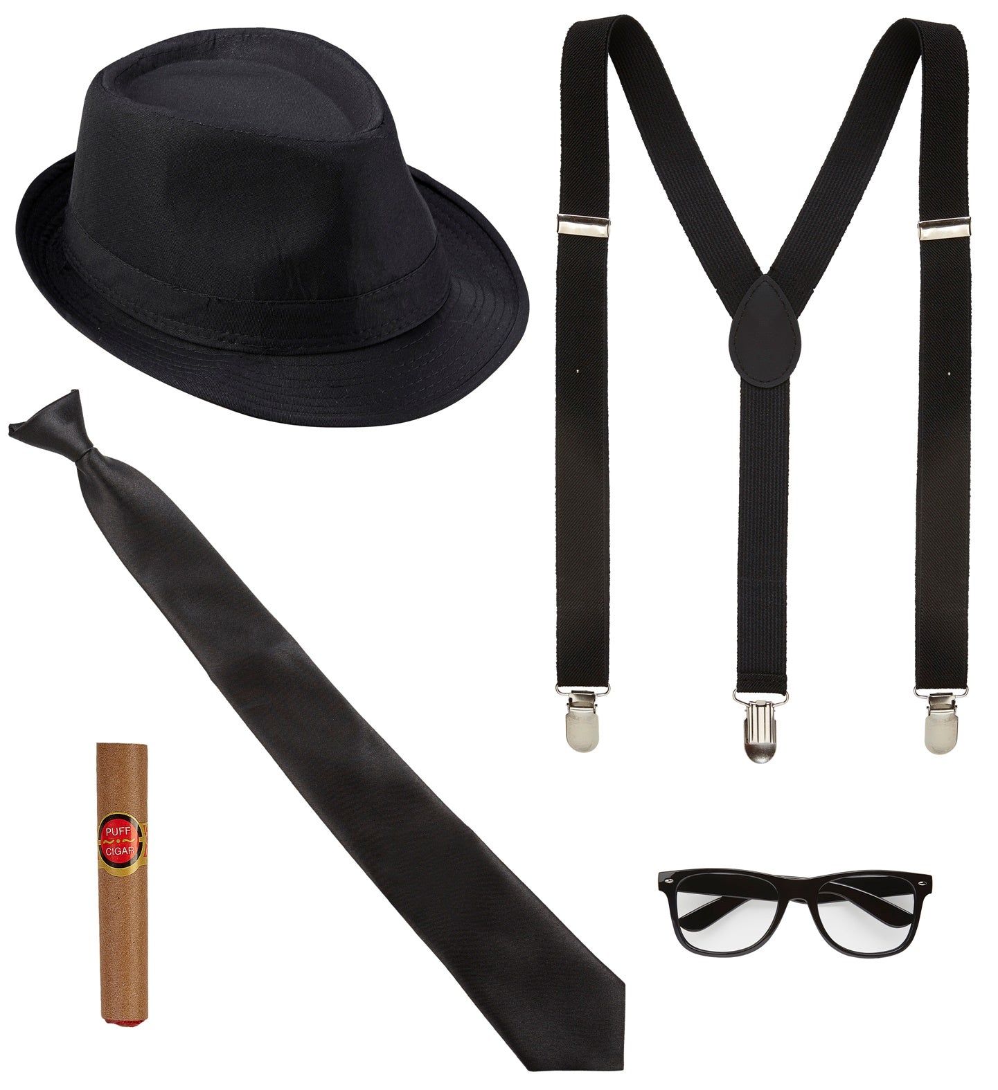 King of Blues costume accessory set featuring a black fedora, braces, slim tie, glasses, and prop cigar.